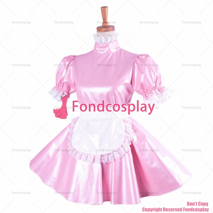 fondcosplay adult sexy cross dressing sissy maid short lockable Faux leather baby pink dress CD/TV[G1424]