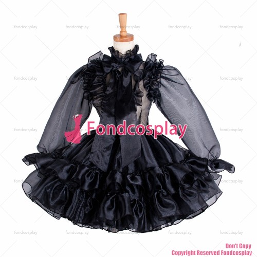 fondcosplay adult sexy cross dressing sissy maid short french black satin organza lockable dress Uniform costume CD/TV[G1214]