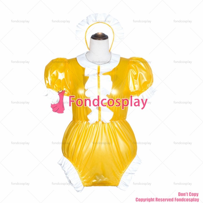 fondcosplay cross dressing sissy maid yellow Clear Pvc Romper Lockable jumpsuits panties Peter Pan collar CD/TV[G4066]