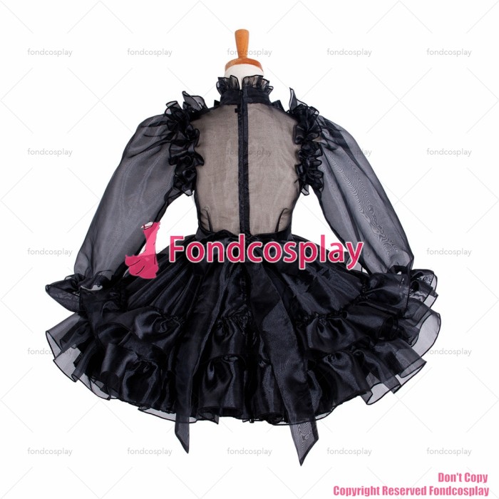 fondcosplay adult sexy cross dressing sissy maid short french black satin organza lockable dress Uniform costume CD/TV[G1214]