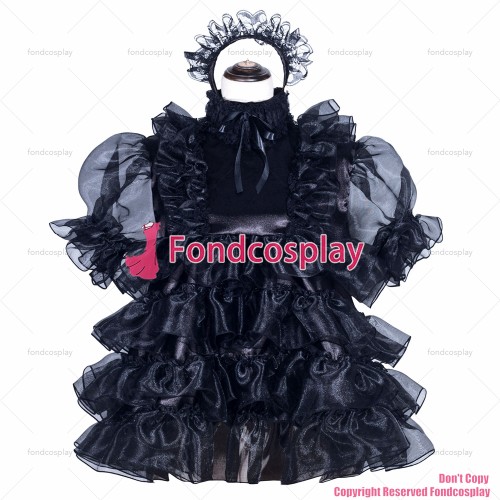 fondcosplay adult sexy cross dressing sissy maid short French Lockable Black Satin organza Dress Uniform CD/TV[G3968]