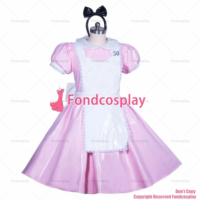 fondcosplay adult sexy cross dressing sissy maid French lockable pink heavy PVC Alice dress Peter Pan collar CD/TV[G3912]