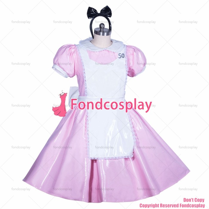 fondcosplay adult sexy cross dressing sissy maid French lockable pink heavy PVC Alice dress Peter Pan collar CD/TV[G3912]