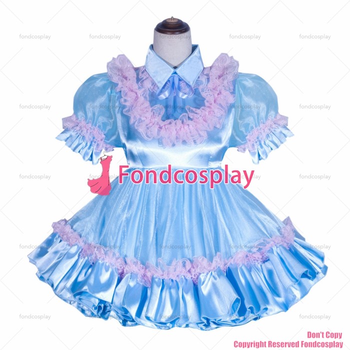 fondcosplay adult sexy cross dressing sissy maid short French Lockable blue satin Organza Dress Uniform CD/TV[G4059]