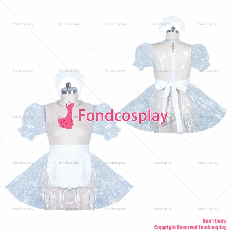fondcosplay adult sexy cross dressing sissy maid short French lockable clear PVC dress cosplay white apron CD/TV[G3895]