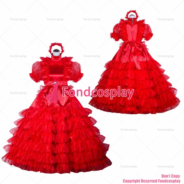 fondcosplay adult sexy cross dressing sissy maid long French Red Organza Satin dress lockable lolita TV CD/TV[G4024]