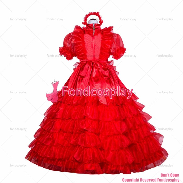 fondcosplay adult sexy cross dressing sissy maid long French Red Organza Satin dress lockable lolita TV CD/TV[G4024]