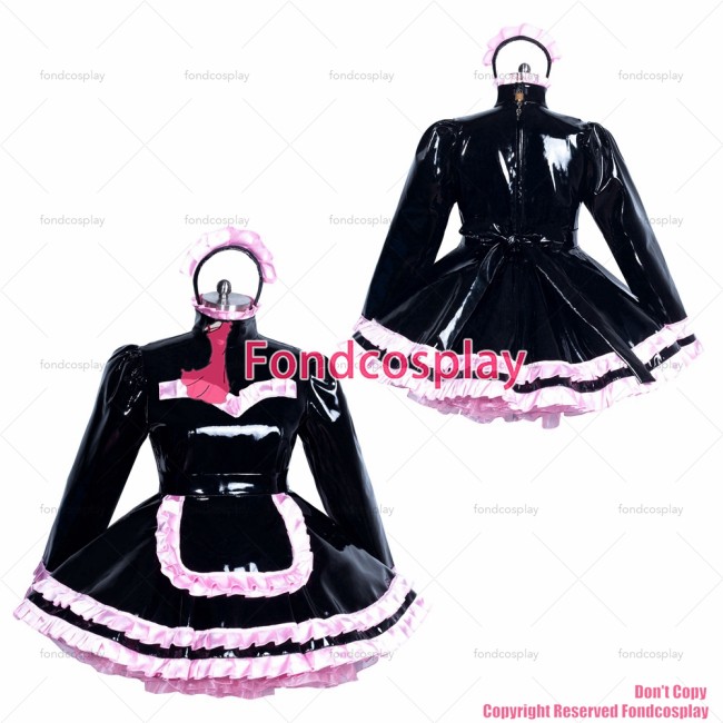 fondcosplay adult sexy cross dressing sissy maid short French Lockable black heavy PVC dress costume CD/TV[G3869]