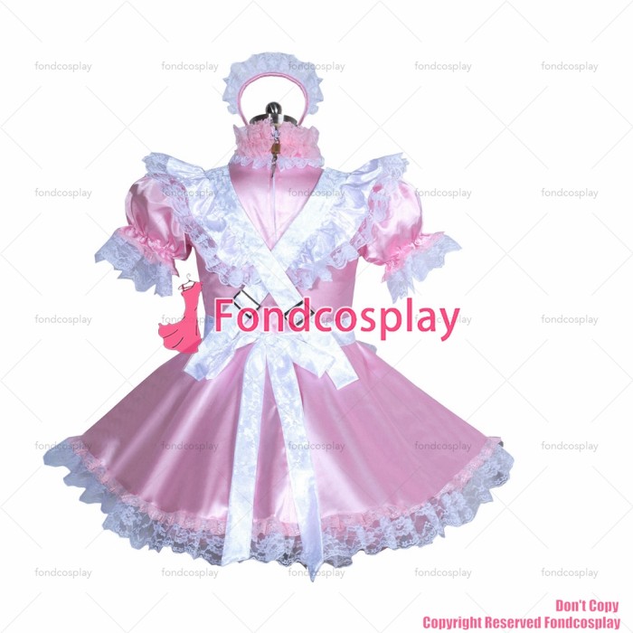 fondcosplay adult sexy cross dressing sissy maid short French lockable pink satin dress white apron unisex CD/TV[G3884]