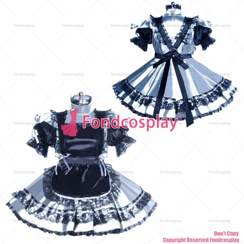 fondcosplay adult sexy cross dressing sissy maid short French black apron lockable silver satin dress costume CD/TV[G3932]