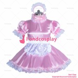 fondcosplay adult sexy cross dressing sissy maid short French lockable baby pink satin dress white apron CD/TV[G3885]