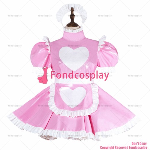 fondcosplay adult sexy cross dressing sissy maid short French Lockable Baby Pink heavy PVC heart Dress CD/TV[G4003]