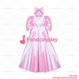 fondcosplay adult sexy cross dressing sissy maid long French Lockable Baby Pink satin long Dress white apron CD/TV[G4043]