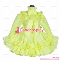 fondcosplay adult sexy cross dressing sissy maid short French Lockable yellow Organza stripe Dress Costume CD/TV[G4029]