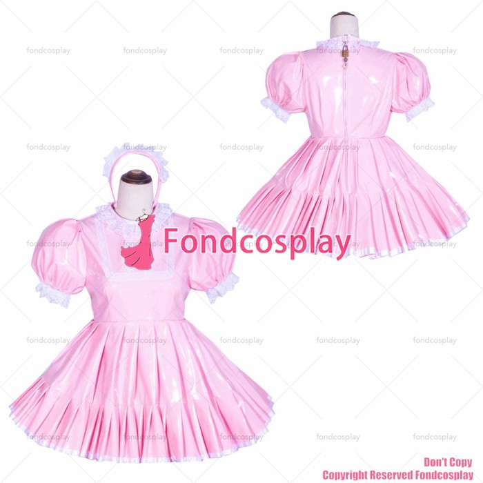 fondcosplay adult sexy cross dressing sissy maid short French Lockable Baby Pink thin PVC Dress Uniform CD/TV[G4020]