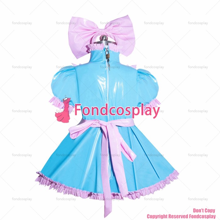 fondcosplay adult cross dressing sissy maid French Lockable baby blue thin PVC Romper Dress Jumpsuit panties CD/TV[G3967]