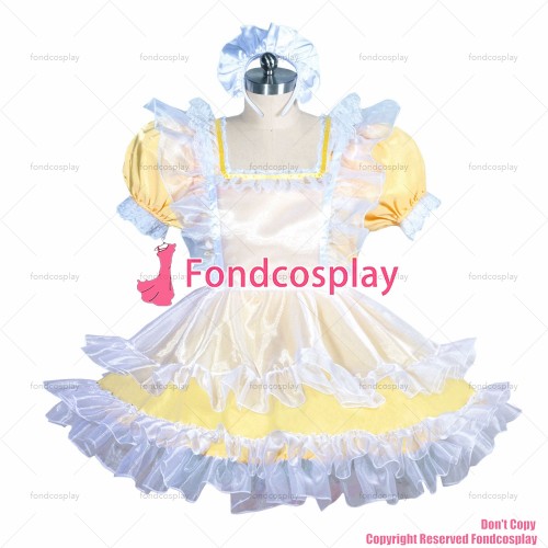 fondcosplay adult sexy cross dressing sissy maid short French lockable baby yellow satin dress white organza CD/TV[G3916]