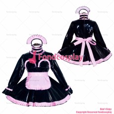 fondcosplay cross dressing sissy maid short French Lockable Black heavy PVC Dress pink apron Open the breast CD/TV[G4051]
