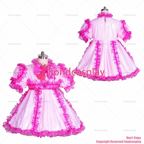 fondcosplay adult sexy cross dressing sissy maid short French lockable baby pink thin PVC dress unisex CD/TV[G3873]
