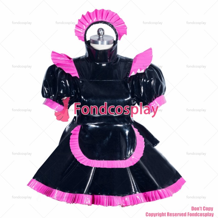 fondcosplay adult sexy cross dressing sissy maid short french heavy Pvc Lockable black Dress hot pink frills CD/TV[G3963]
