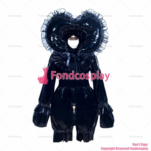 fondcosplay adult sexy cross dressing sissy maid short French Lockable Black thin PVC Romper bonnet Jumpsuit CD/TV[G4011]