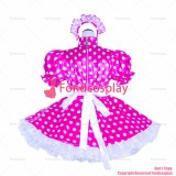 fondcosplay adult sexy cross dressing sissy maid short French Lockable hot pink dots satin Dress Costume CD/TV[G4045]