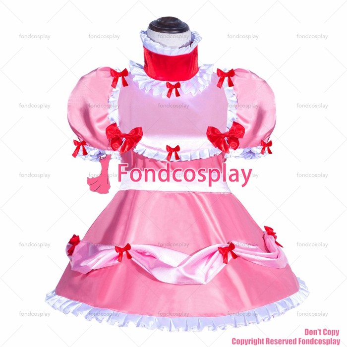 fondcosplay adult sexy cross dressing sissy maid short French Lockable Pink Satin Dress Uniform Costume CD/TV[G3998]