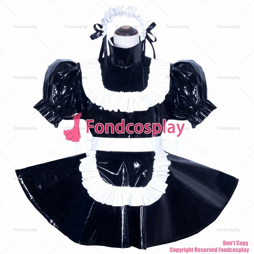 fondcosplay adult sexy cross dressing sissy maid French Lockable Black thin PVC Romper Dress Jumpsuit panties CD/TV[G3970]