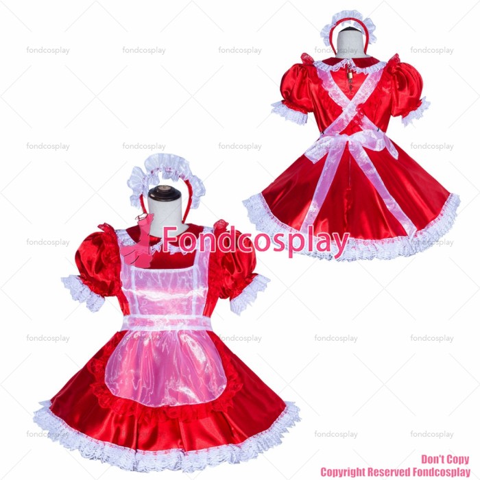 fondcosplay adult sexy cross dressing sissy maid short French Lockable Red satin Dress Uniform Costume CD/TV[G4018]