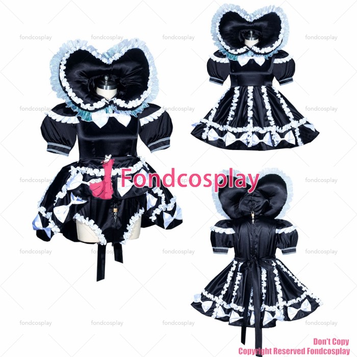 fondcosplay adult cross dressing sissy maid bonnet Jumpsuit French black Satin lockable dress Romper panties CD/TV[G3937]