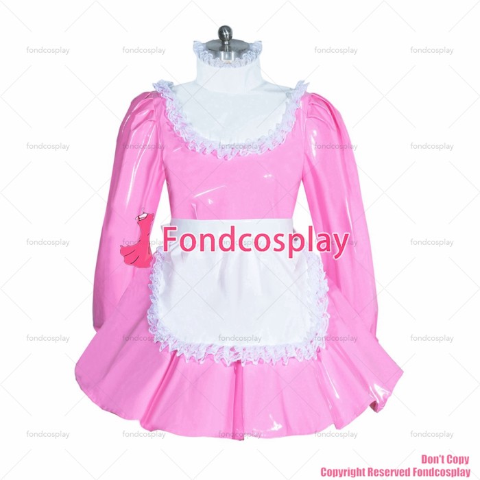 fondcosplay adult sexy cross dressing sissy maid short french lockable baby Pink thin PVC dress Uniform costume CD/TV[G3959]