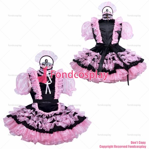 fondcosplay adult sexy cross dressing sissy maid short French lockable black satin pink organza dress unisex CD/TV[G3898]