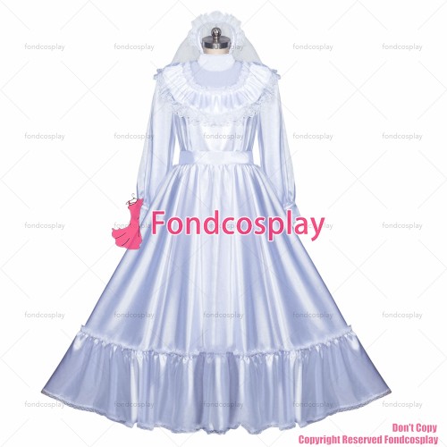 fondcosplay adult sexy cross dressing sissy maid long French Lockable white Satin Dress Uniform veil CD/TV[G3972]