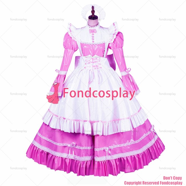 fondcosplay adult cross dressing sissy maid long French Lockable Hot Pink thin PVC Dress Uniform white apron CD/TV[G3975]