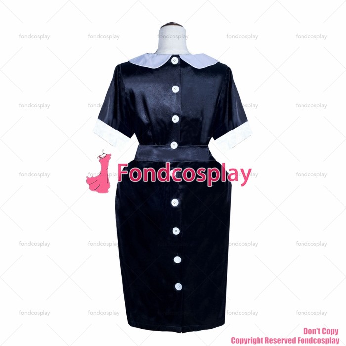 fondcosplay adult cross dressing sissy maid French black satin Dress Lockable Peter Pan collar white buttons CD/TV[G4031]
