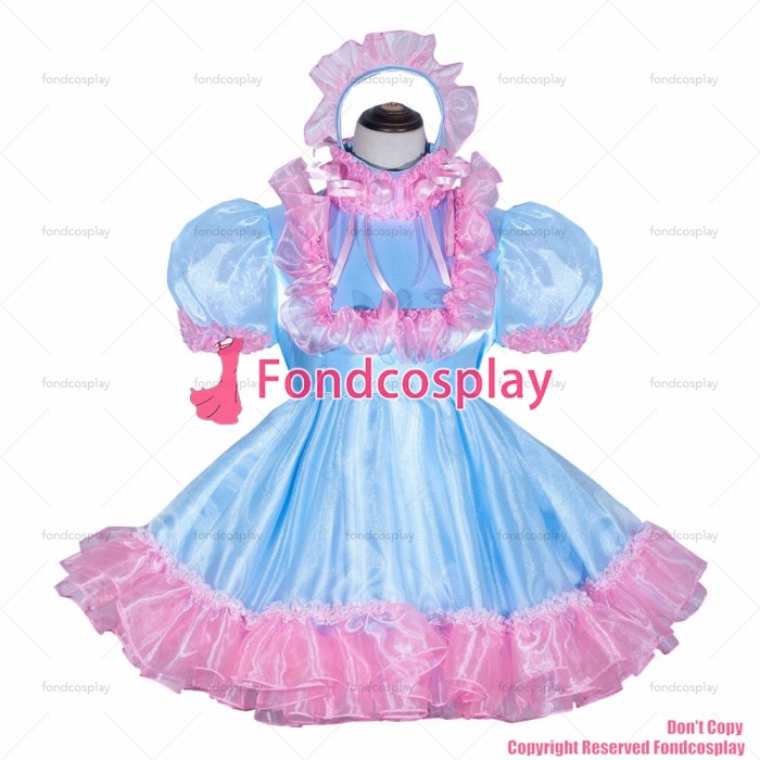 fondcosplay adult sexy cross dressing sissy maid short Lockable baby blue satin pink trim Organza Dress Uniform CD/TV[G4055]