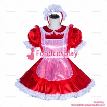 fondcosplay adult sexy cross dressing sissy maid short French Lockable Red satin Dress Uniform Costume CD/TV[G4018]