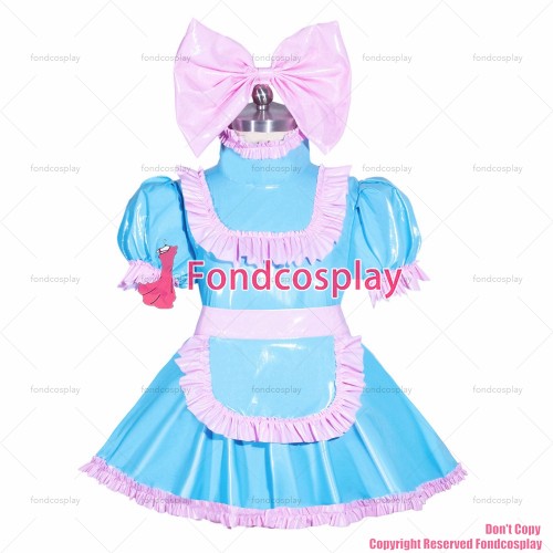 fondcosplay adult cross dressing sissy maid French Lockable baby blue thin PVC Romper Dress Jumpsuit panties CD/TV[G3967]