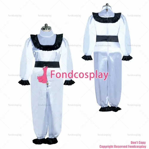fondcosplay adult sexy cross dressing sissy maid long French white Satin lockable Romper Jumpsuits Uniform CD/TV[G3938]
