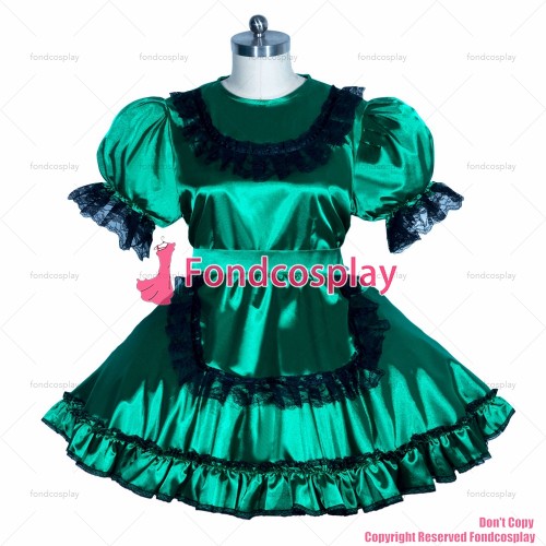fondcosplay adult sexy cross dressing sissy maid short French satin lockable green dress Uniform costume CD/TV[G3956]