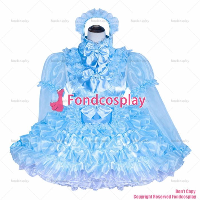fondcosplay adult sexy cross dressing sissy maid short French Lockable blue Organza satin Dress Uniform CD/TV[G4023]