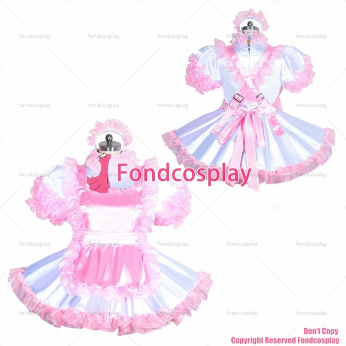 fondcosplay adult sexy cross dressing sissy maid short french satin lockable dress white pink Uniform costume CD/TV[G3961]