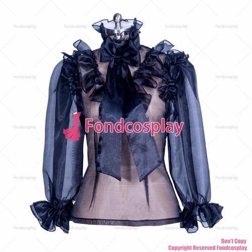 fondcosplay adult sexy cross dressing sissy maid short black Organza Blouse transparency shirt costume CD/TV [G3870]