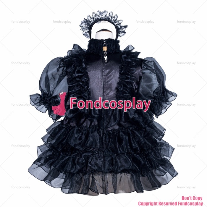 fondcosplay adult sexy cross dressing sissy maid short French Lockable Black Satin organza Dress Uniform CD/TV[G3968]
