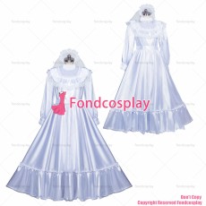 fondcosplay adult sexy cross dressing sissy maid long French Lockable white Satin Dress Uniform veil CD/TV[G3972]