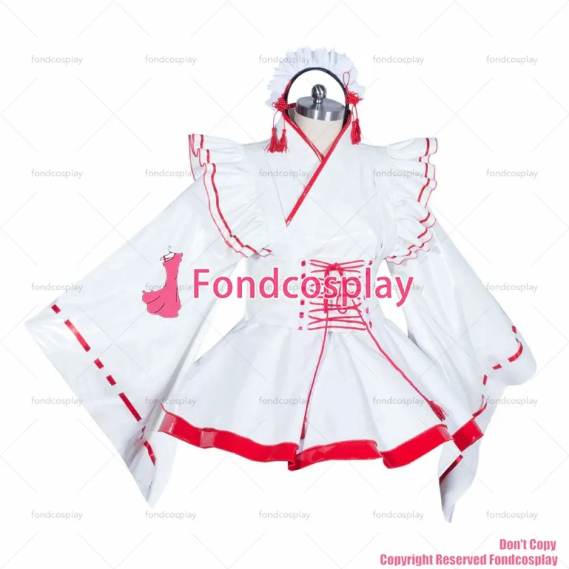 fondcosplay adult sexy cross dressing sissy maid short white heavy PVC kimono outfit Costume cosplay CD/TV[G3915]