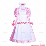 fondcosplay adult sexy cross dressing sissy maid long French Lockable Baby Pink satin long Dress white apron CD/TV[G4043]