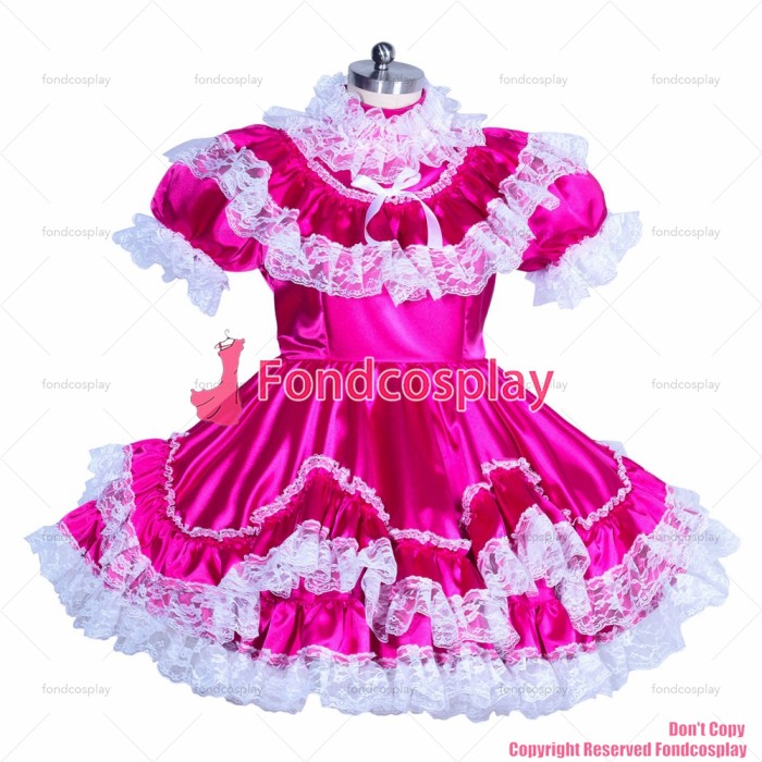 fondcosplay adult sexy cross dressing sissy maid short French hot pink Satin white lace lockable dress CD/TV[G3929]