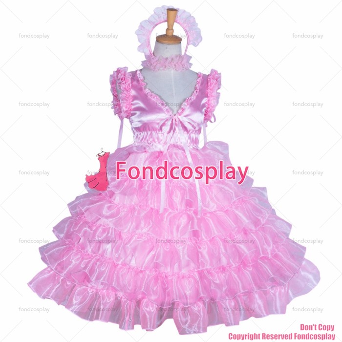 fondcosplay adult sexy cross dressing sissy maid short baby Pink satin glass silk lolita dress tiered costume CD/TV[G3875]