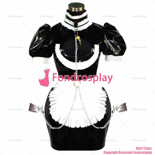 fondcosplay adult sexy cross dressing sissy maid short heavy Pvc Dress Uniform Lockable Handcuffs Costume CD/TV[CK844]